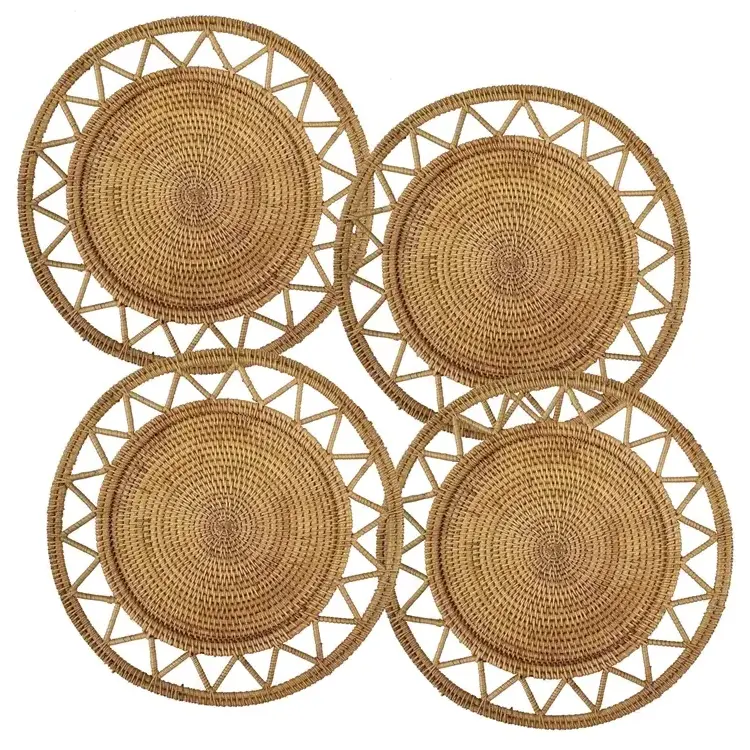 Cheap wholesale brown placemat rattan leaf charger plates bamboo wicker coasters for wedding handicrafts handwoven products