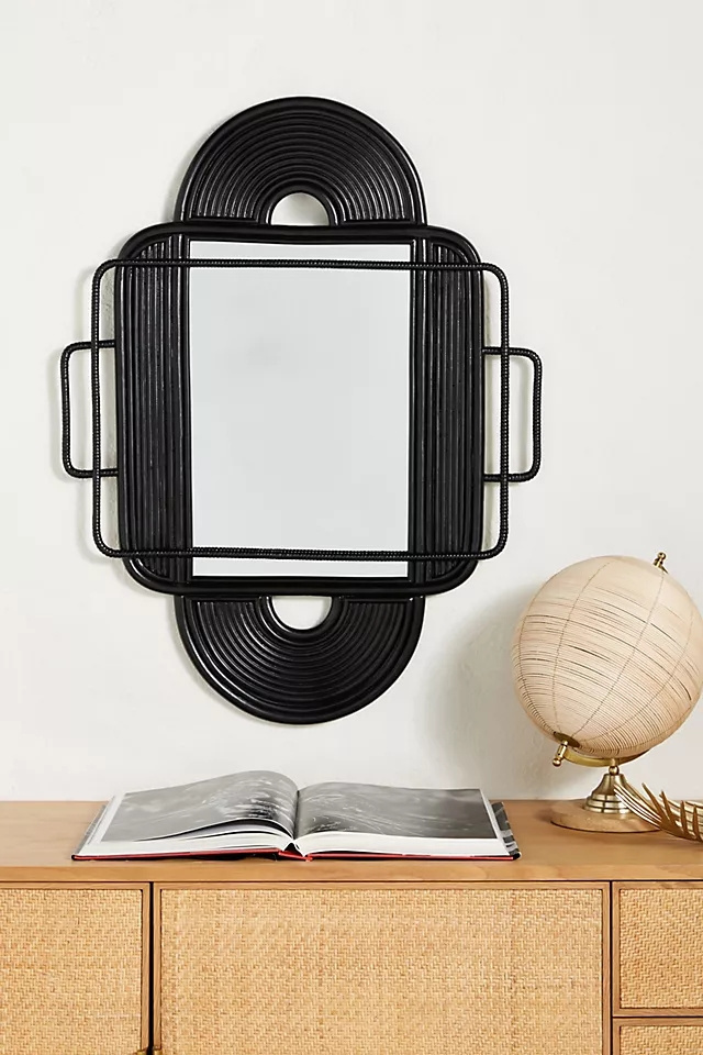 Black Handicrafts Wall Mounted Hanging Decor Rattan Wicker Mirrors Frames Handmade Wooden Mirrors For Bedroom Living Room Decor