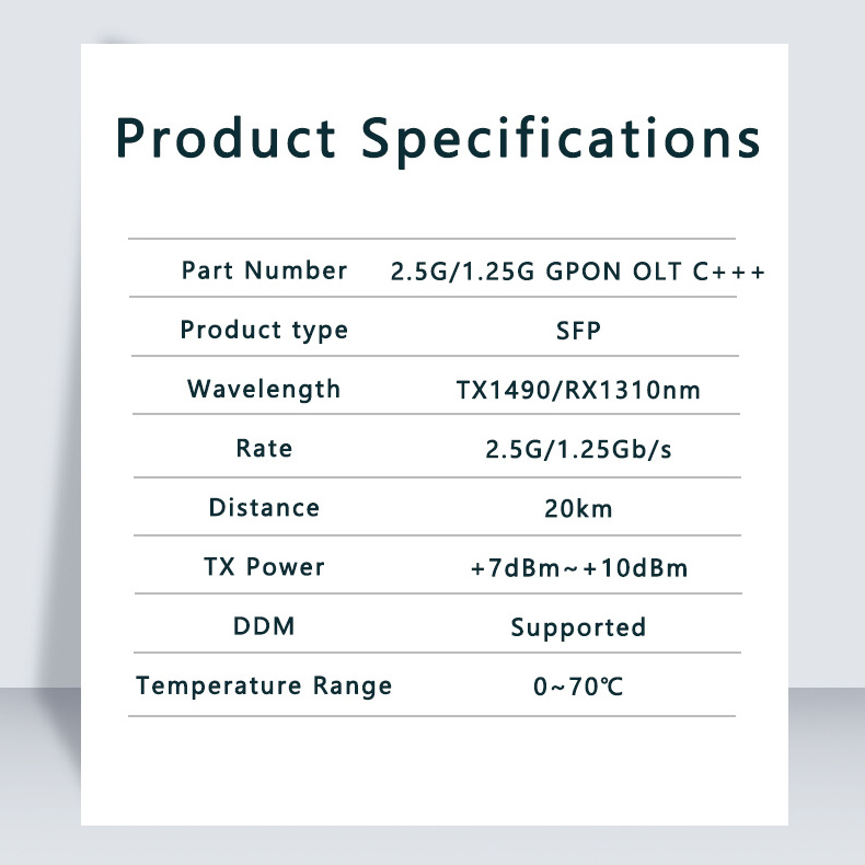 2.5G/1.25G GPON OLT SFP PON Module C+++ single mode 1490nm/1310nm more than 7dbm 20KM  SFP transceiver