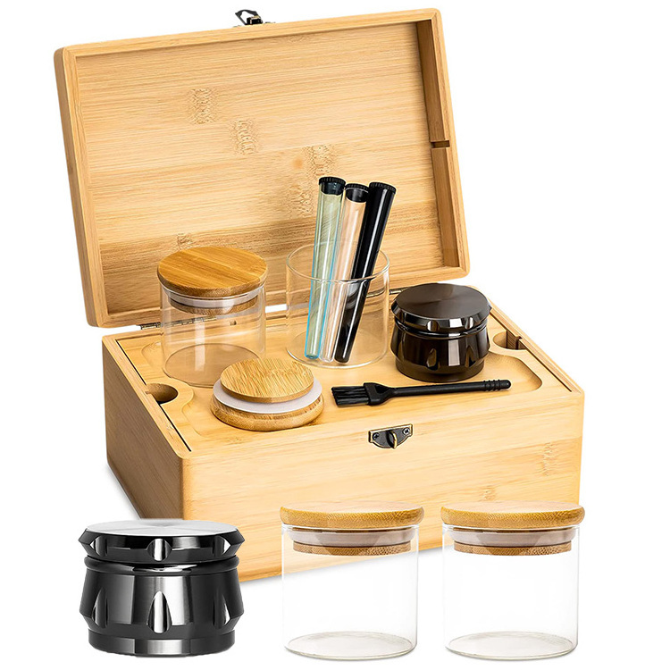 Bamboo Stash Storage Box with Accessories Glass Jars and Brush Decorative Gift Box with Black Grinder