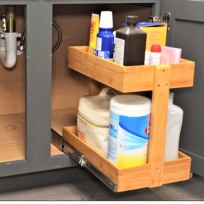 2 Tier Slide Out Under Sink Organizer, Bamboo Under Bathroom Cabinet Organizer Storage Shelf for Kitchen Bathroom