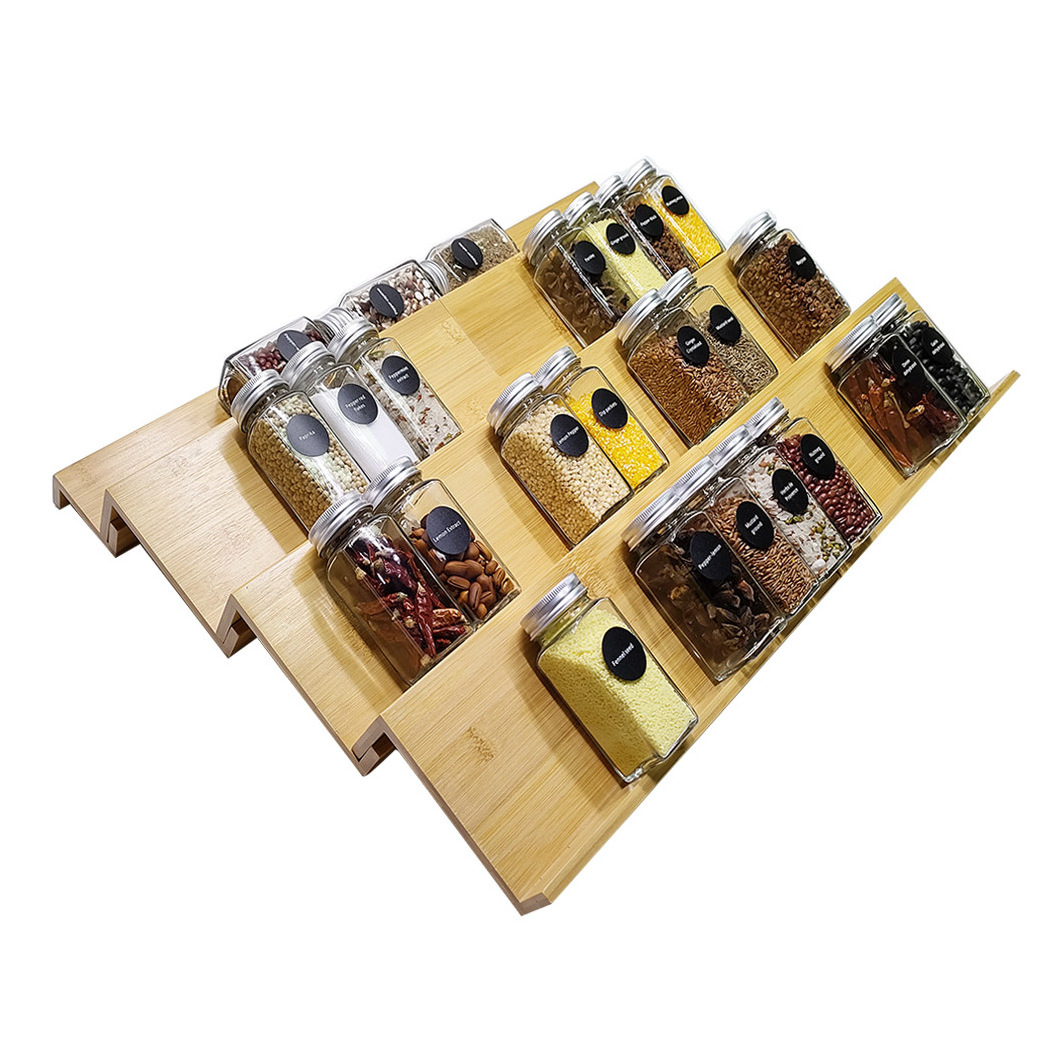 Bamboo Wooden Expandable Spice Drawer Organizer for 24 or 48 or 64 Spice Jars, 4 Tier Spice Rack Tray for Kitchen Drawer Cabinet