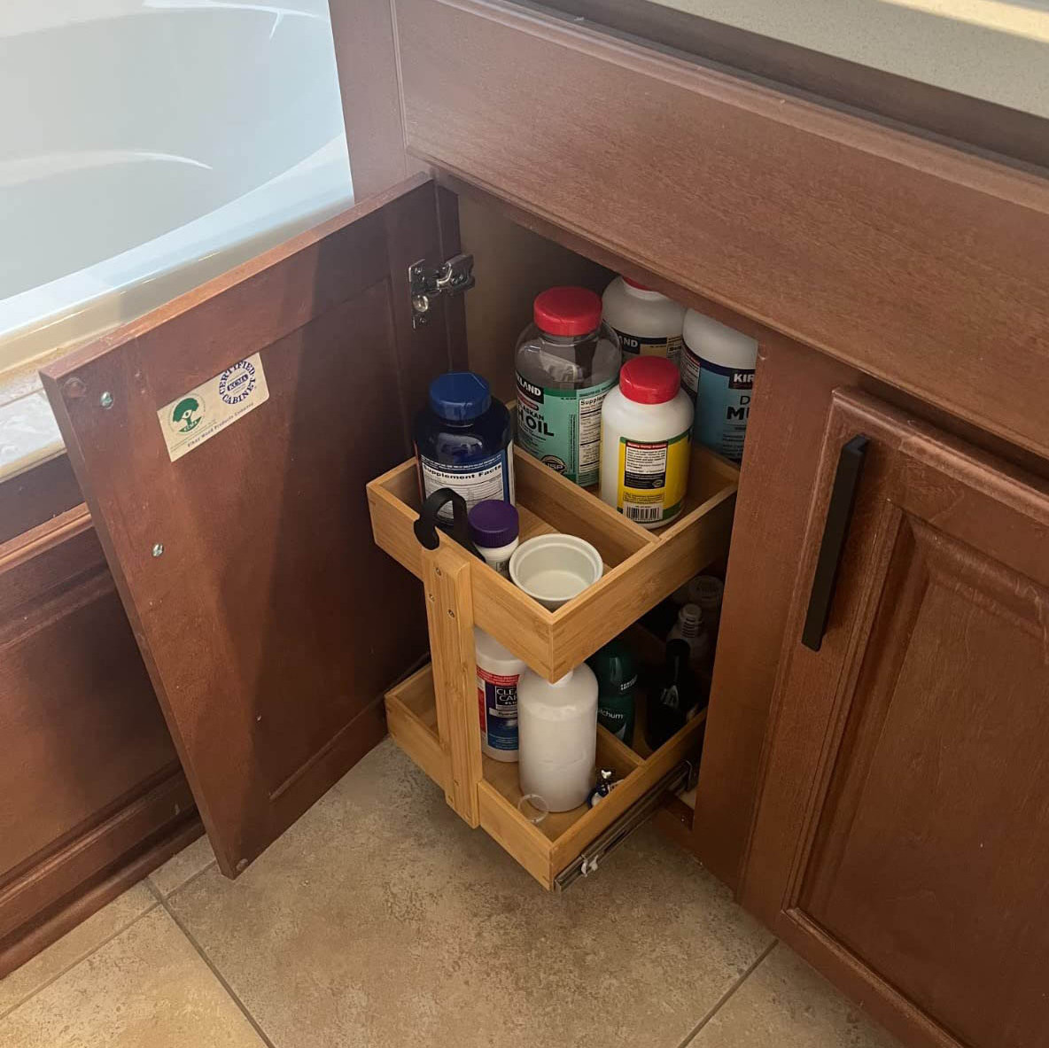 Bamboo Pull-Out Storage Organizer for Under Sink or Cabinet, 2 Tier Slide Out Wood Storage Drawer Organization