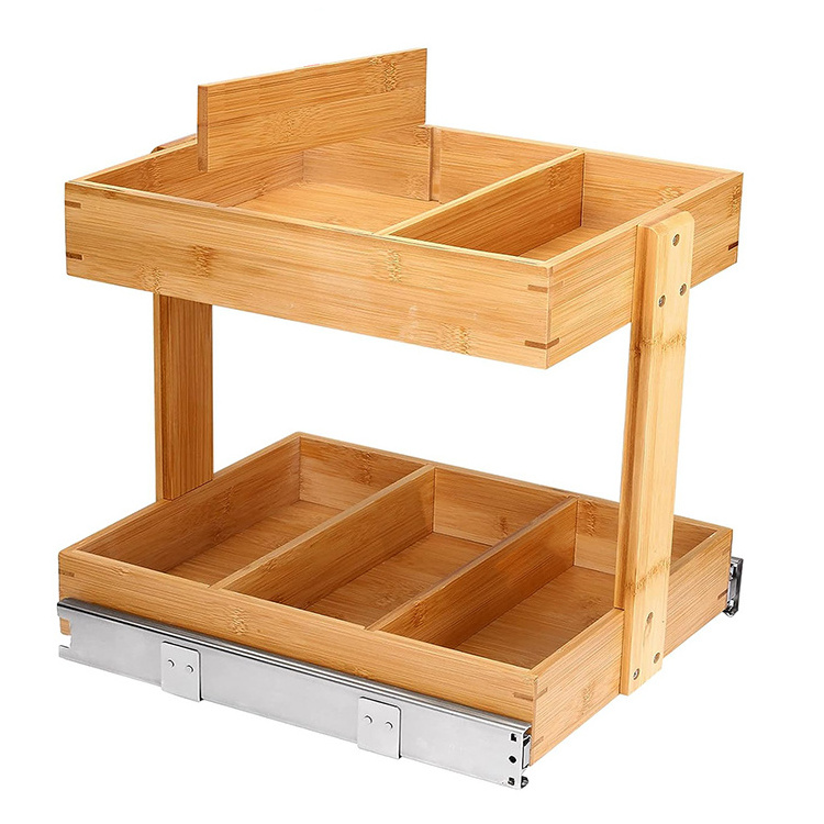 Bamboo Pull-Out Storage Organizer for Under Sink or Cabinet, 2 Tier Slide Out Wood Storage Drawer Organization