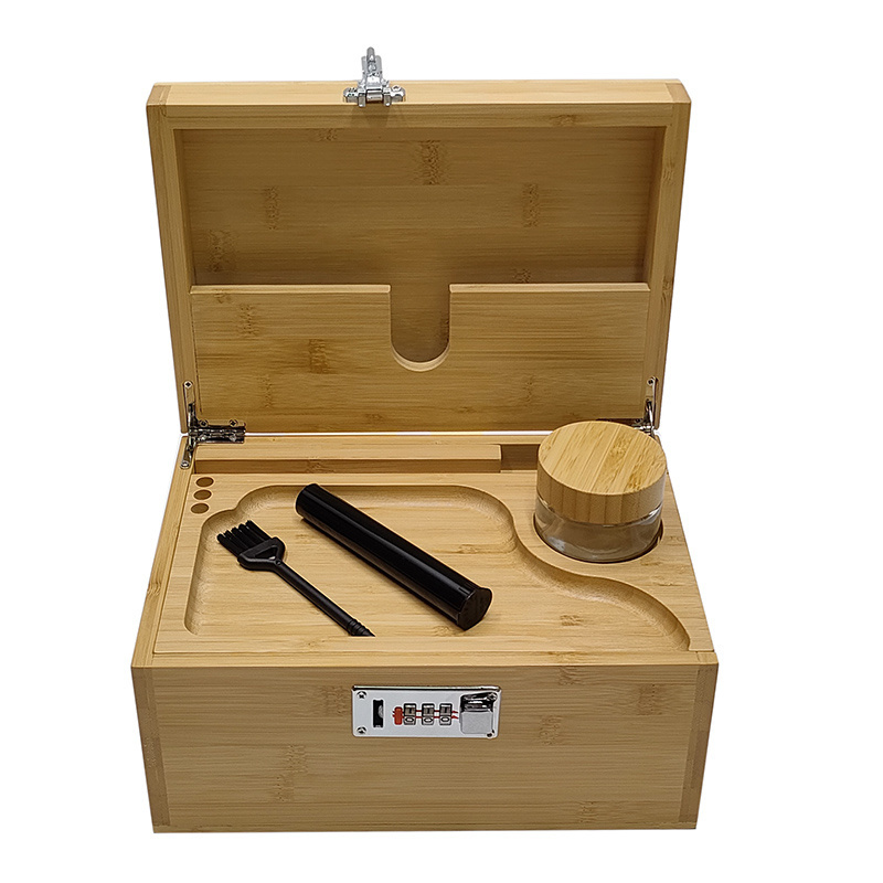 Bamboo Herb Stash Box, Storage Box Wooden Smell Proof Locking Storage Box with Rolling Tray