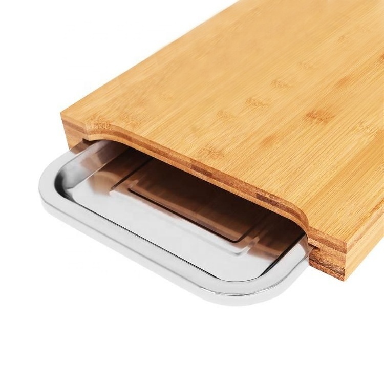 Bamboo Wood Chopping Board with Sliding Chopping Blocks and Cutting Board with Food Stainless Steel Storage Drawers