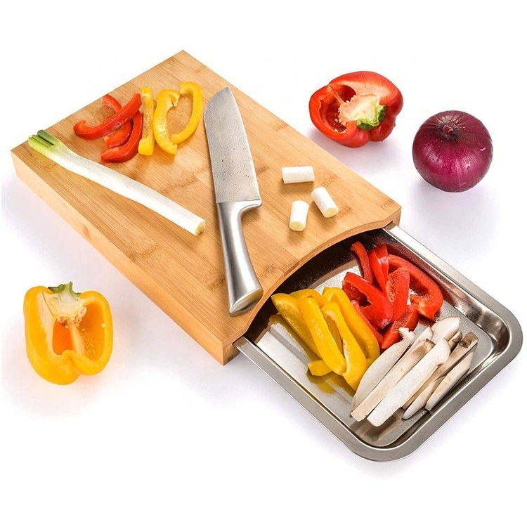 Bamboo Wood Chopping Board with Sliding Chopping Blocks and Cutting Board with Food Stainless Steel Storage Drawers