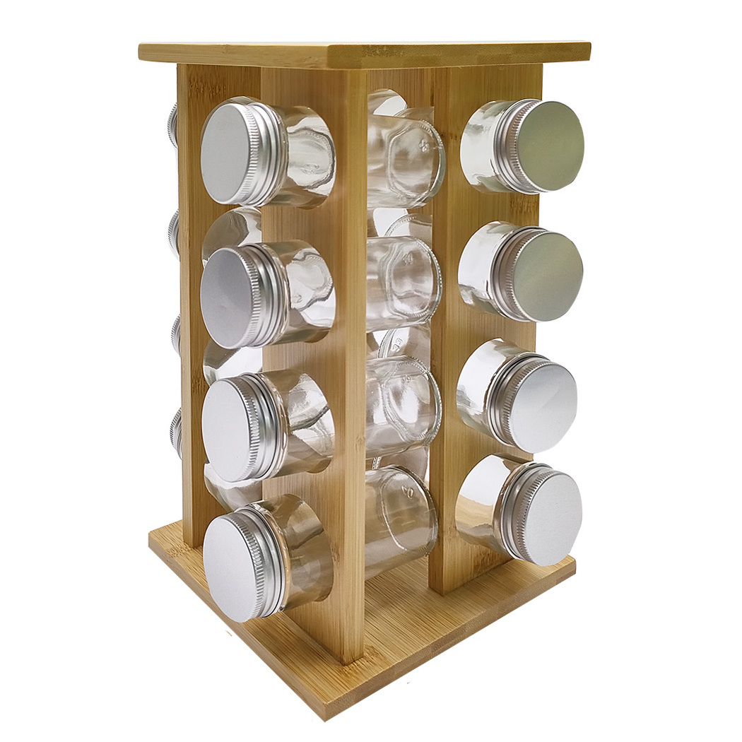 Bamboo Revolving Spice Rack Set with 16 Spice Jars, Kitchen Wood Spice Tower Organizer for Countertop or Cabinet