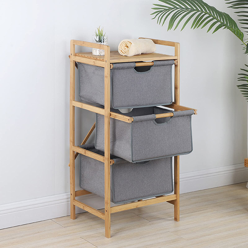 Bamboo Basket Storage Drawers 3 Tiers Bathroom Organizer with Nature Wood Frame and Pull-Out Oxford Fabric Baskets