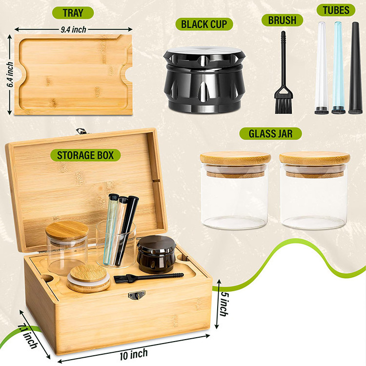 Bamboo Stash Storage Box with Accessories Glass Jars and Brush Decorative Gift Box with Black Grinder