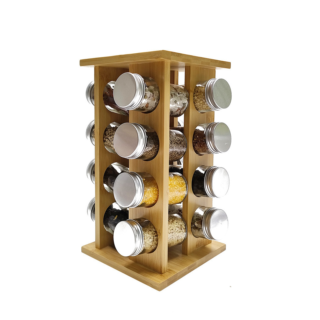 Bamboo Revolving Spice Rack Set with 16 Spice Jars, Kitchen Wood Spice Tower Organizer for Countertop or Cabinet