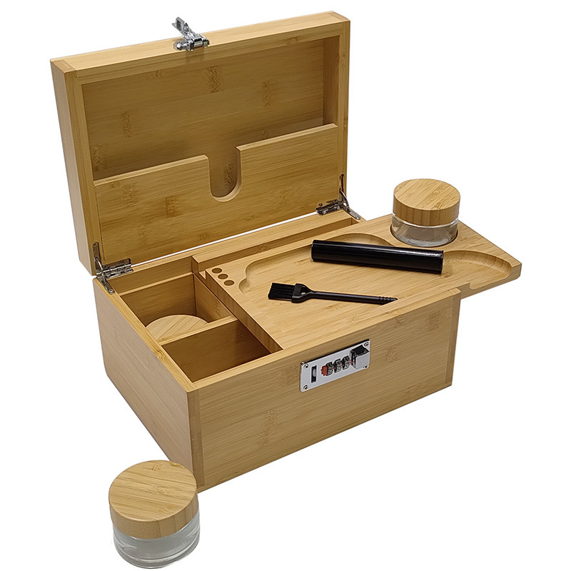 Bamboo Herb Stash Box, Storage Box Wooden Smell Proof Locking Storage Box with Rolling Tray