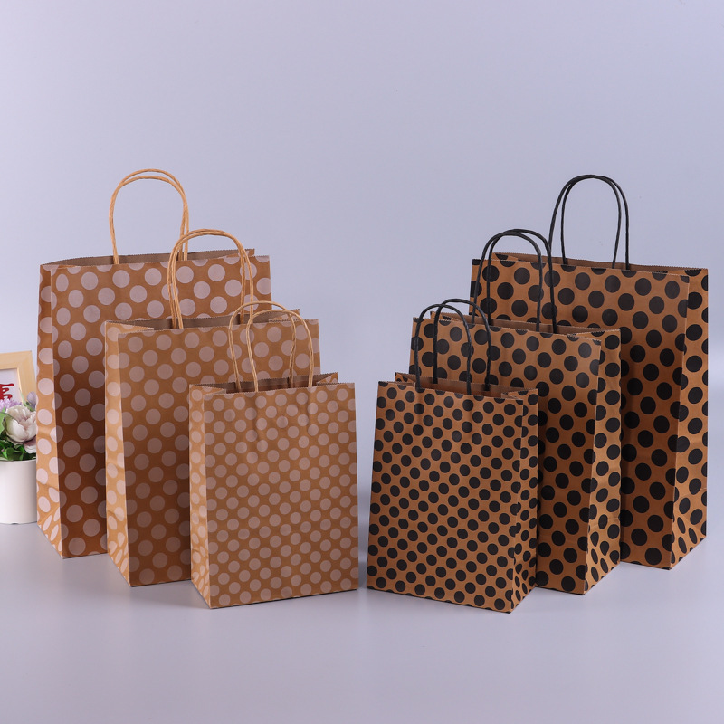 Custom Logo Kraft Paper Bag Handbag for Polka Dot Milk Tea Takeout Coffee Baking Gift Shopping Packaging for Clothing