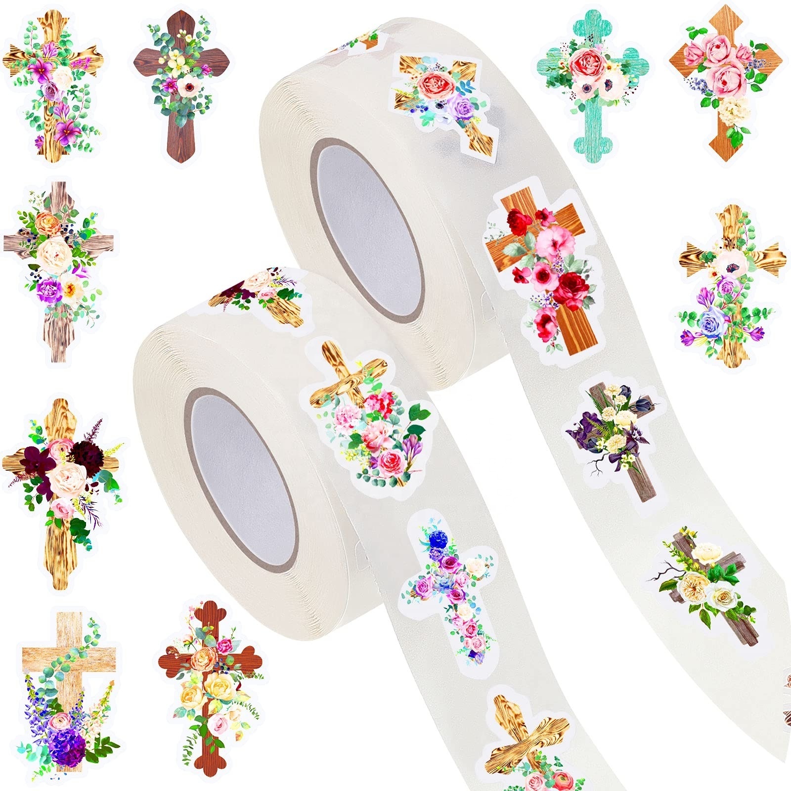 Custom Adhesive Die Cut Round Floral Religious Stickers Roll Christian Stickers