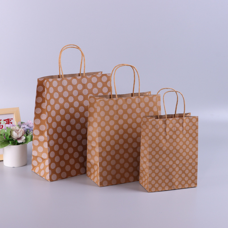 Custom Logo Kraft Paper Bag Handbag for Polka Dot Milk Tea Takeout Coffee Baking Gift Shopping Packaging for Clothing