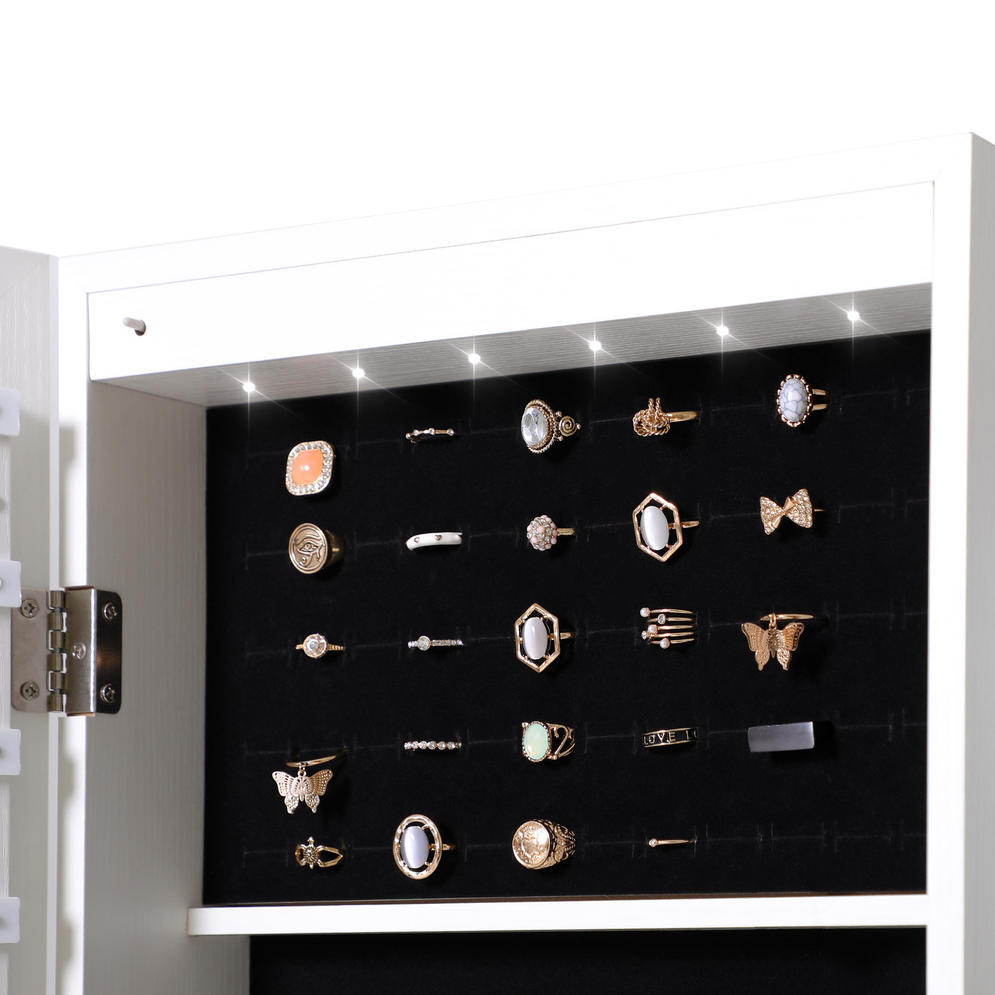 New Wall Mount LED Light Mirrored Jewelry Cabinet Storage Glass Jewelry Armoire with Lock