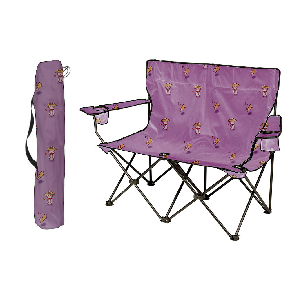 Custom Logo Oversized Double Camping Chair Folding Twoseater Four Fold Lawn Chair With Cup Holder Armchair