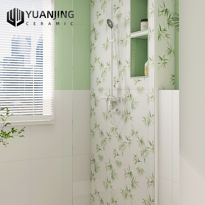 300x600mm Soft light porcelain tiles light green floral tiles pink bamboo leaf kitchen bathroom balcony wall floor tiles