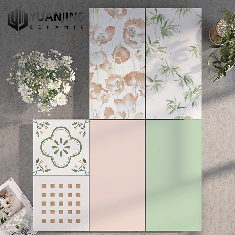 300x600mm Soft light porcelain tiles light green floral tiles pink bamboo leaf kitchen bathroom balcony wall floor tiles