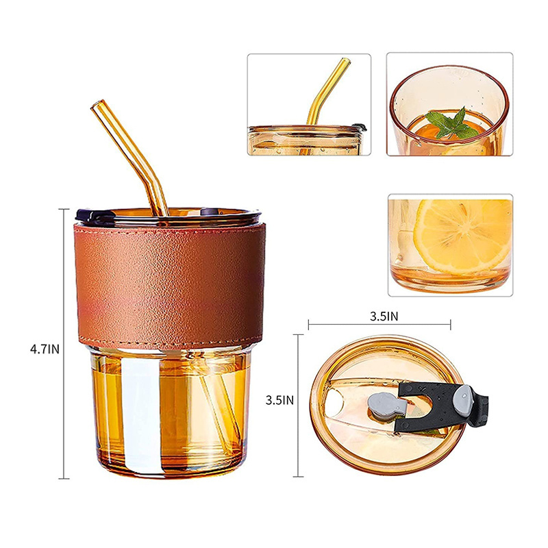 Wholesale Hot 15oz Custom Logo Clear Printed Glass Straw Coffee Mugs Custom Milk Leather Case Drinking Cup with Lip and Straw