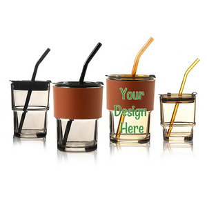 Wholesale Hot 15oz Custom Logo Clear Printed Glass Straw Coffee Mugs Custom Milk Leather Case Drinking Cup with Lip and Straw