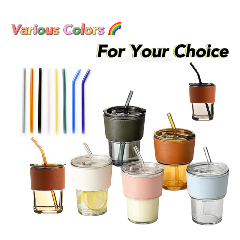 Wholesale Hot 15oz Custom Logo Clear Printed Glass Straw Coffee Mugs Custom Milk Leather Case Drinking Cup with Lip and Straw