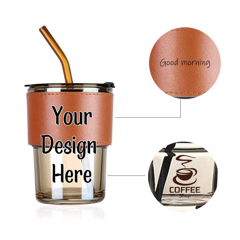 Wholesale Hot 15oz Custom Logo Clear Printed Glass Straw Coffee Mugs Custom Milk Leather Case Drinking Cup with Lip and Straw