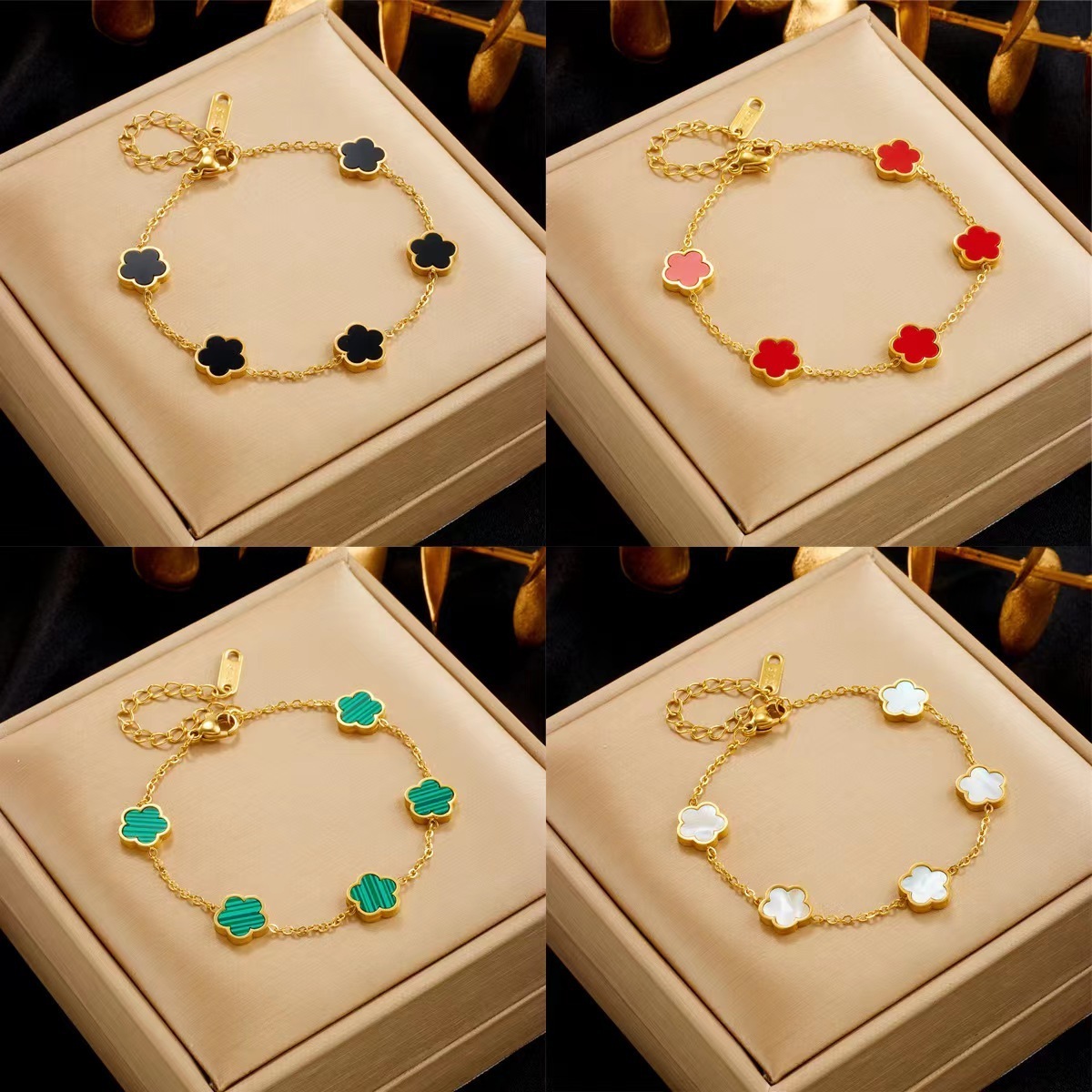 2023 Classic 316L Stainless Steel 18K Gold Plated Green Malachite Five Leaf Lucky Bracelet for Women Girl Link Bracelets Gifts