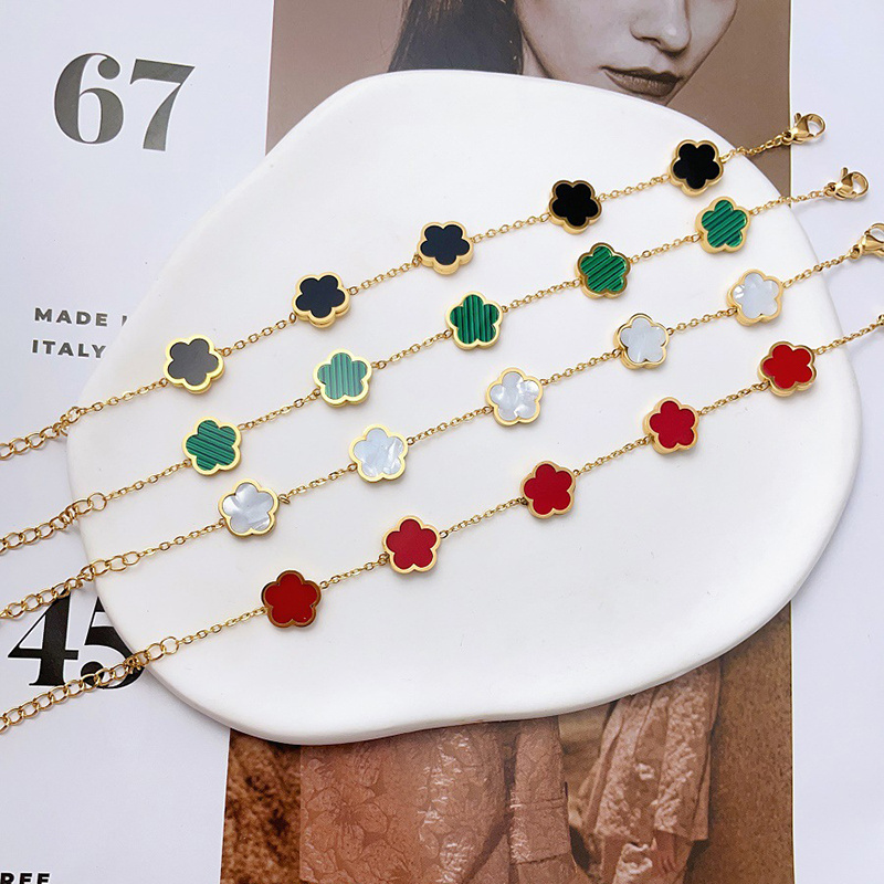 2023 Classic 316L Stainless Steel 18K Gold Plated Green Malachite Five Leaf Lucky Bracelet for Women Girl Link Bracelets Gifts