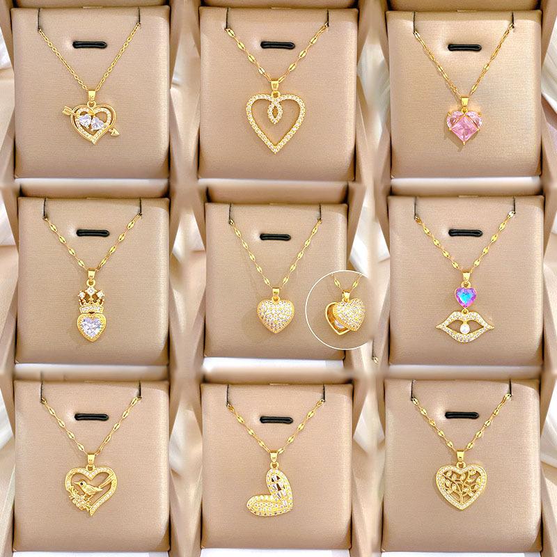 Luxury Stainless Steel 18k Gold Plated Pearl Zircon Love Heart Pendant Necklace Women Cz Crown Pendant Necklace Jewelry Gift