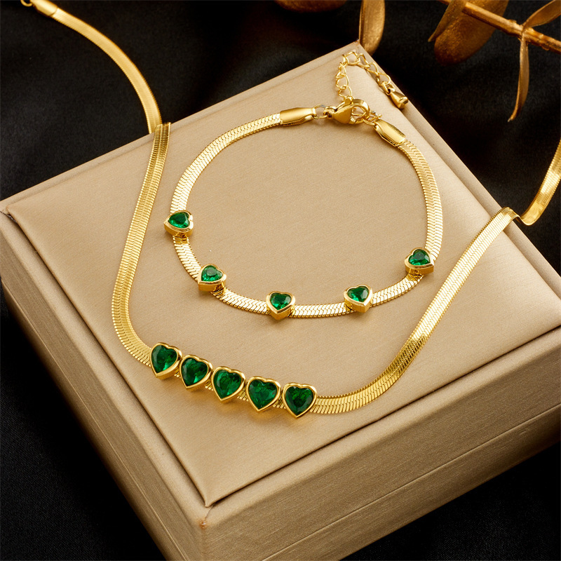 Jewelry Set Women Stainless Steel 18k Gold Layered Cuban Chain Emerald Zircon Heart Pendant Necklace Earrings And Bracelet Set