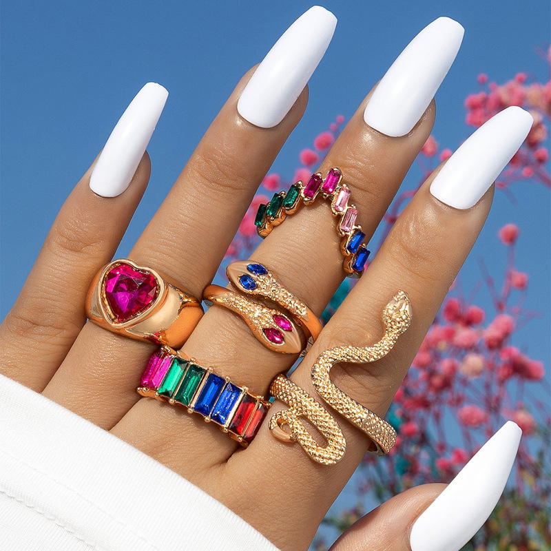 17KM 5Pcs Acrylic Crystal Rings Set Animals Snake Eye Resin Rings for Women Metal Resin Ethnic Rings Accessories Trendy Jewelry