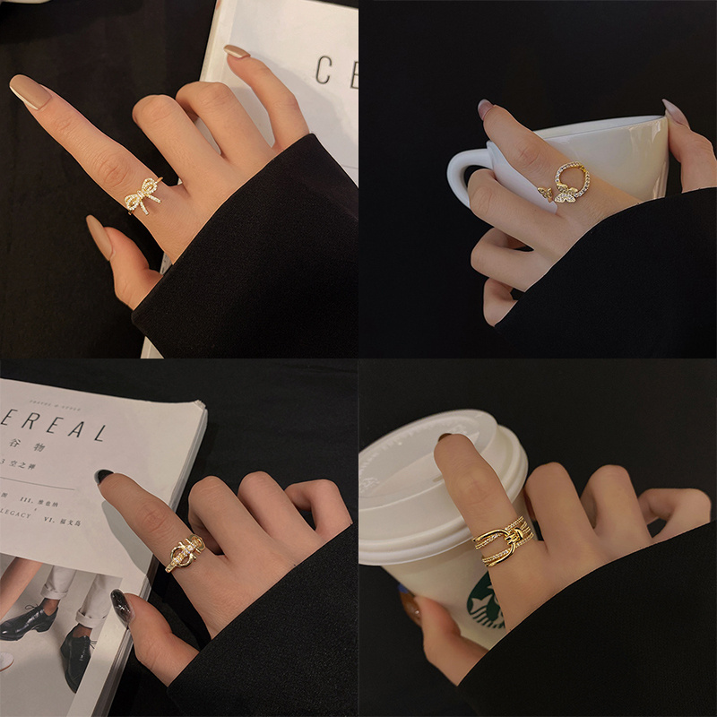 2023 Trendy Gold Plated Dainty Butterfly Chain Lock Stackable Chunky Finger Ring for Women Girl Adjustable Jewelry Gifts