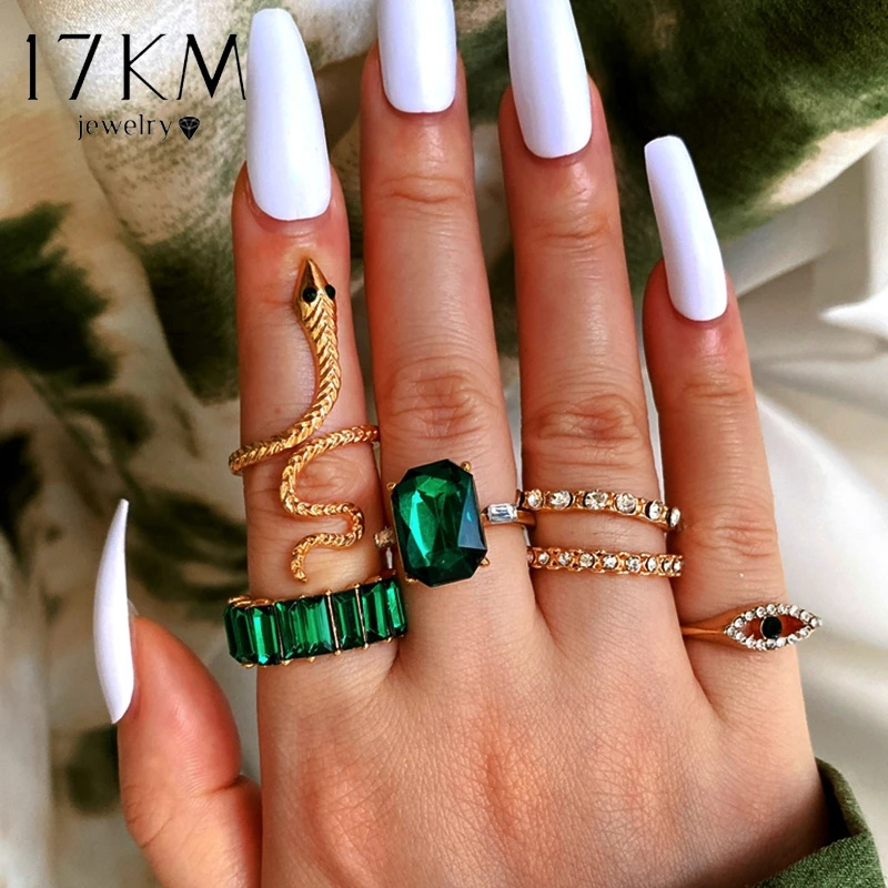 17KM 5Pcs Acrylic Crystal Rings Set Animals Snake Eye Resin Rings for Women Metal Resin Ethnic Rings Accessories Trendy Jewelry