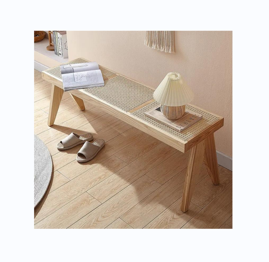 Rattan bench low stool Nordic solid wood medieval style long restaurant bench three seat rattan wooden bench