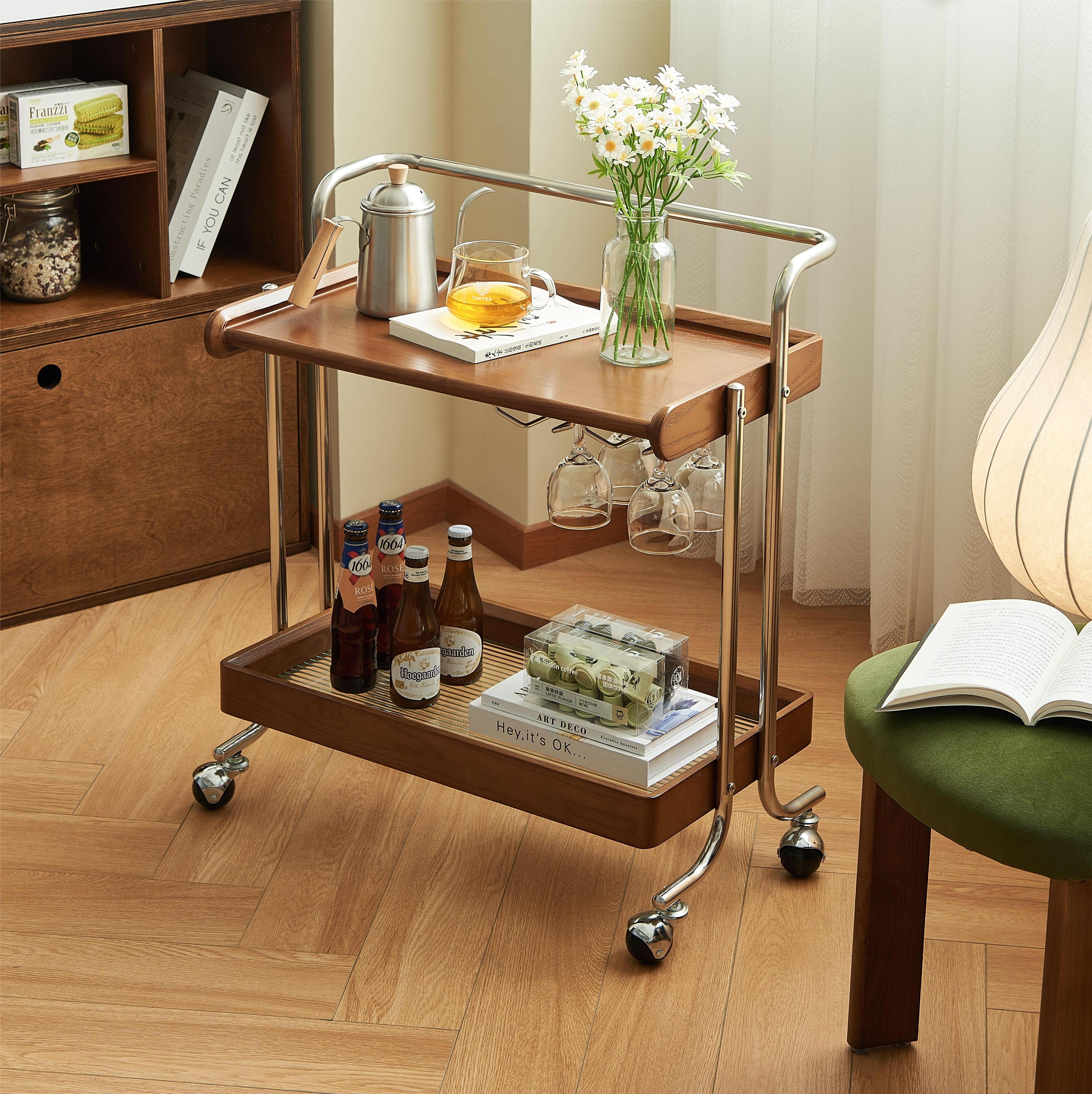 Removable Wooden Coffee Table Side Metal Side Table with Casters Luxury Side Table for Made of 2 Tiers Brown Stainless Steel