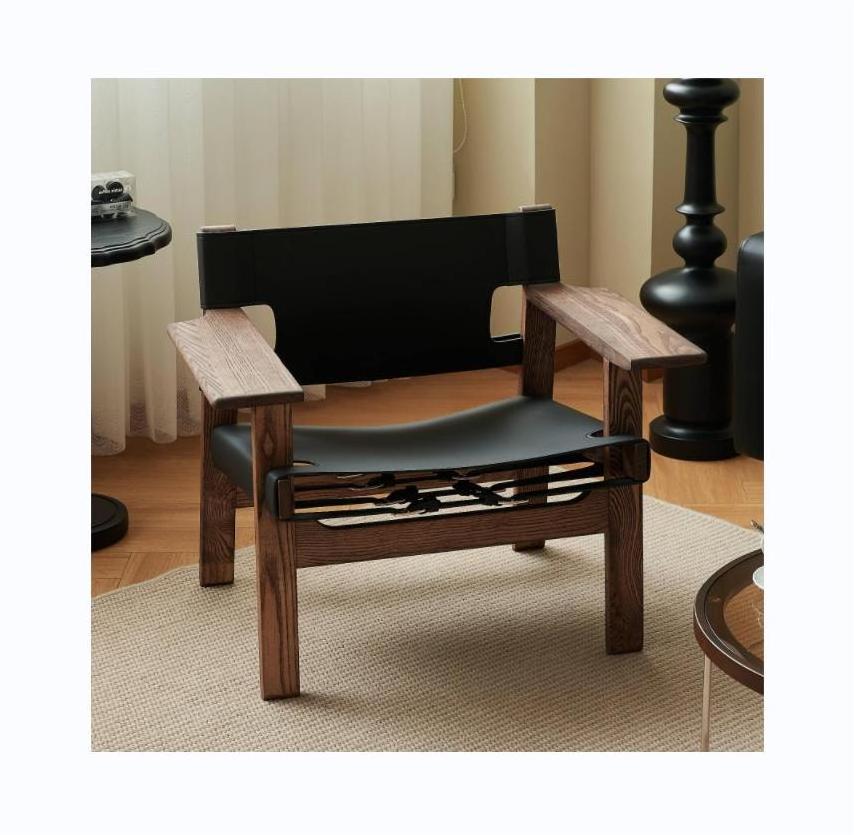 OEM/ODM factory direct sale Bedroom Leather Armchair Coffee Shop Brown Armrest Wooden Chair Balcony Black Lounge Chair