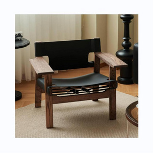 OEM/ODM factory direct sale Bedroom Leather Armchair Coffee Shop Brown Armrest Wooden Chair Balcony Black Lounge Chair