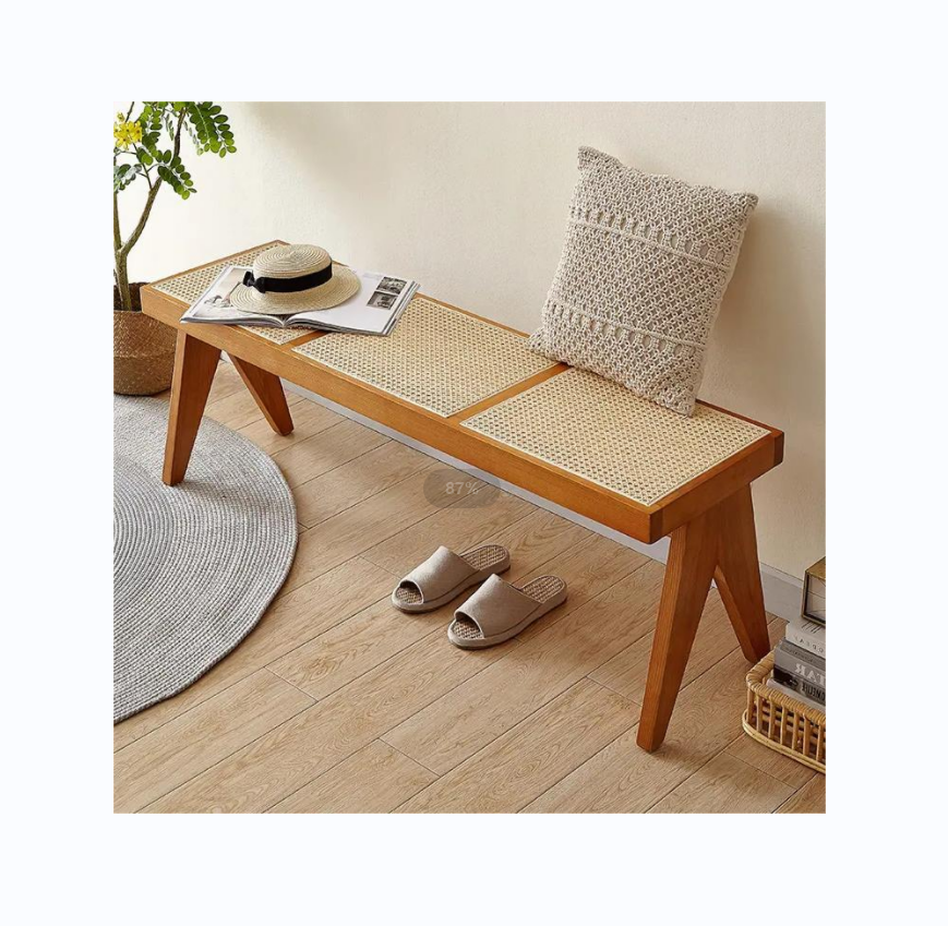 Rattan bench low stool Nordic solid wood medieval style long restaurant bench