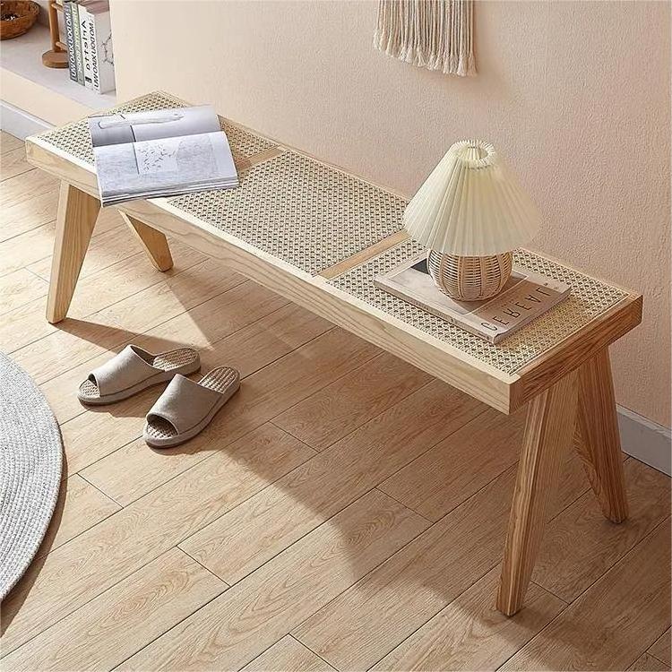 Rattan bench low stool Nordic solid wood medieval style long restaurant bench three seat rattan wooden bench