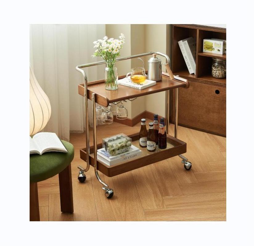 Removable Wooden Coffee Table Side Metal Side Table with Casters Luxury Side Table for Made of 2 Tiers Brown Stainless Steel