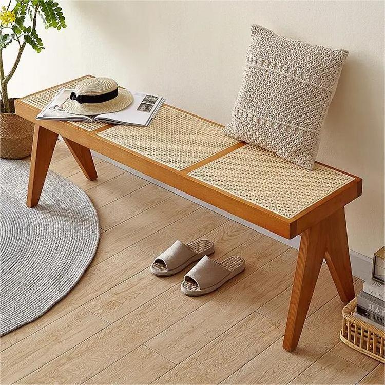 Rattan bench low stool Nordic solid wood medieval style long restaurant bench three seat rattan wooden bench