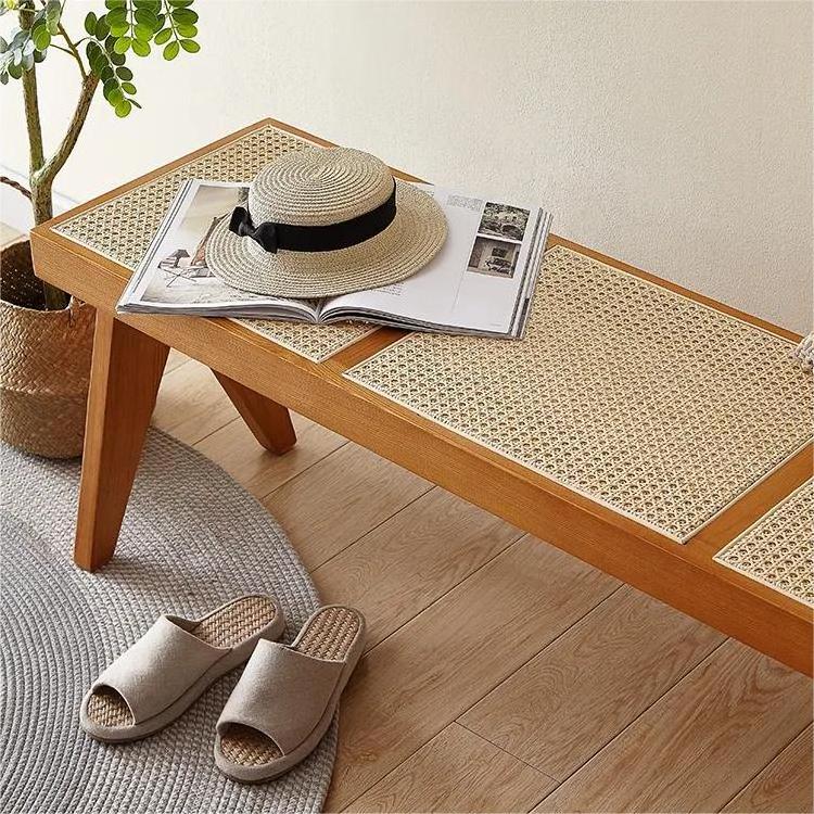 Rattan bench low stool Nordic solid wood medieval style long restaurant bench three seat rattan wooden bench