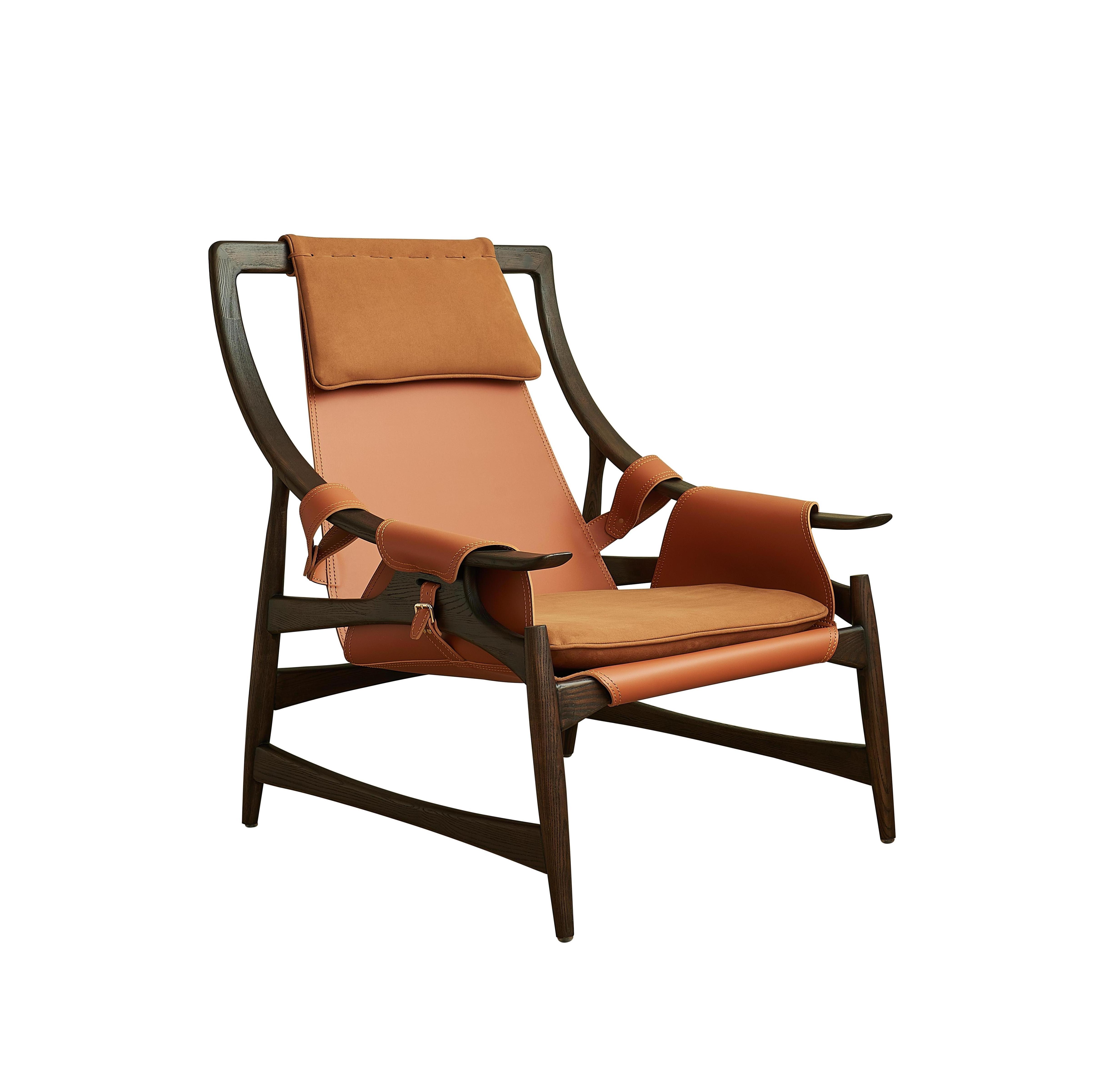 Sofa Chair Made of Black Frame Ash Wood 15kg Lounge Chair Living Room Garden Brown Saddle Leather Chair