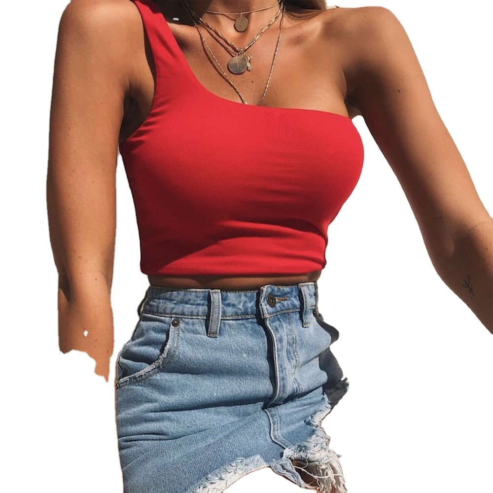 Home Clothing Women Lady Female One Shoulder Crop Tops Sleeveless T-Shirt Tank Tops Summer Beach Vest Bare Midriff Summer