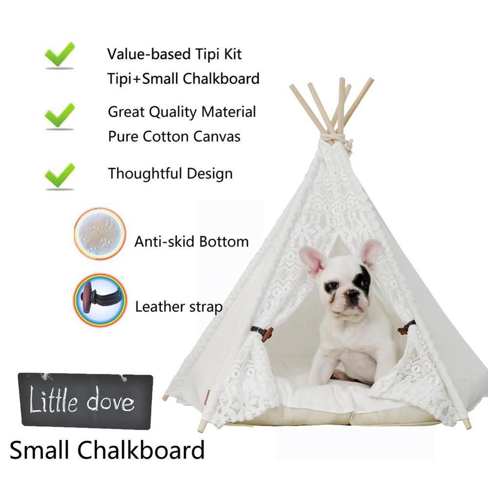 Portable Pet Teepee Cotton Canvas Tent Dogs Cats Bed Room Cage Lace Teepee Indian Tipi with Mat Animals House