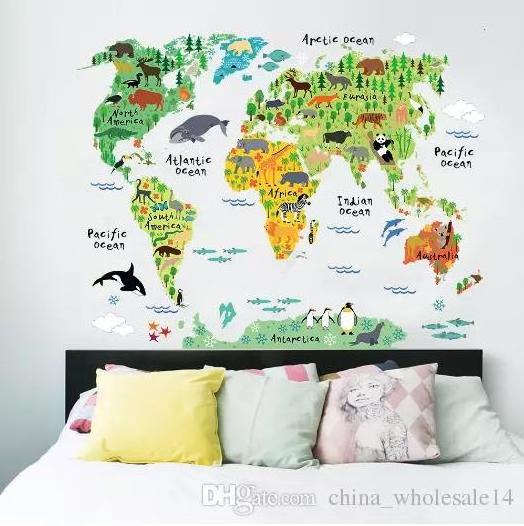 Cartoon Animals World Map Wall Stickers for Kids Room Decorations Safari Mural Art Zoo Children Home Decals Nursery Posters