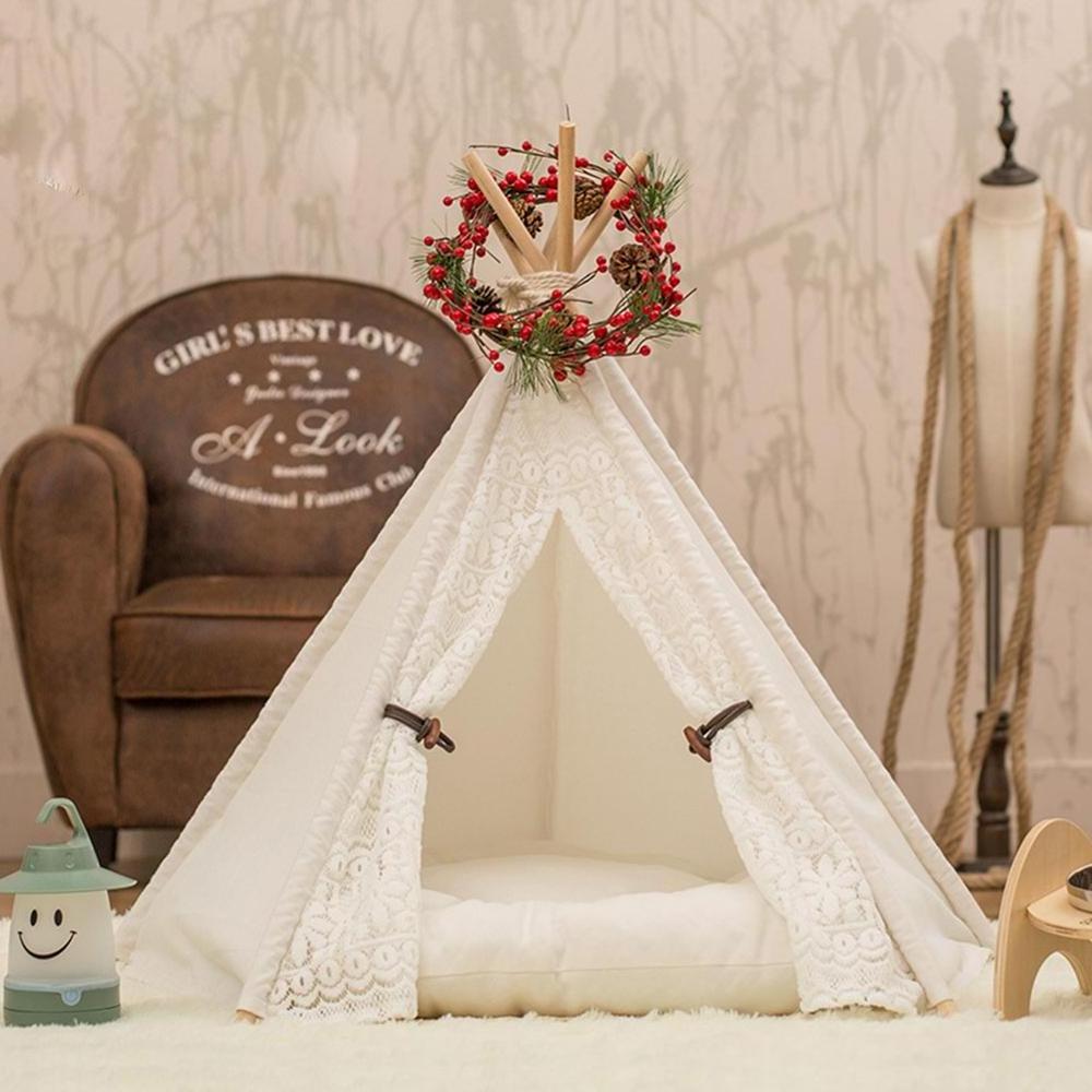 Portable Pet Teepee Cotton Canvas Tent Dogs Cats Bed Room Cage Lace Teepee Indian Tipi with Mat Animals House