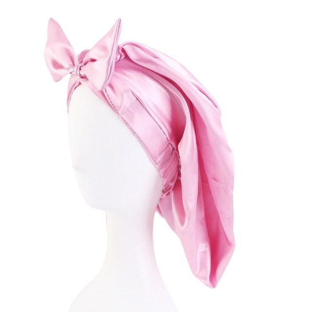 Women Flower Print Hair Bonnet Elastic Long Sleep Cap Silk Turban Night Hat Chemo Caps Satin Bowknot Headwear Head Cover Wraps 4