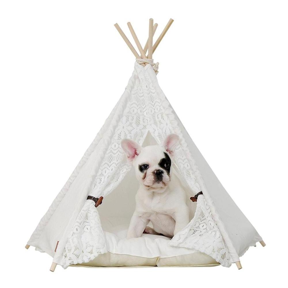 Portable Pet Teepee Cotton Canvas Tent Dogs Cats Bed Room Cage Lace Teepee Indian Tipi with Mat Animals House